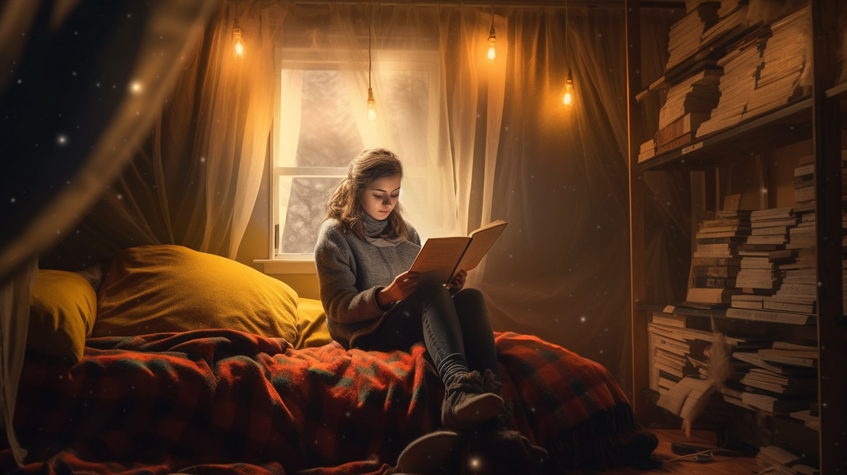 Person studying in their bedroom under yellow LED light